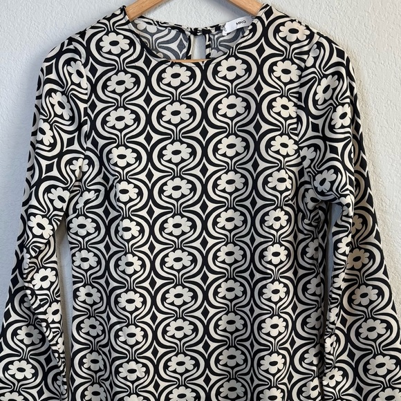 Mango Black Floral Printed Long Sleeve Funky Psychedelic Print Mini Dress Size 4 - Picture 3 of 13
